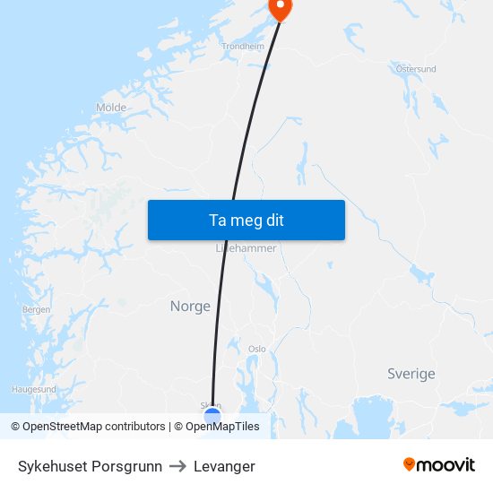 Sykehuset Porsgrunn to Levanger map