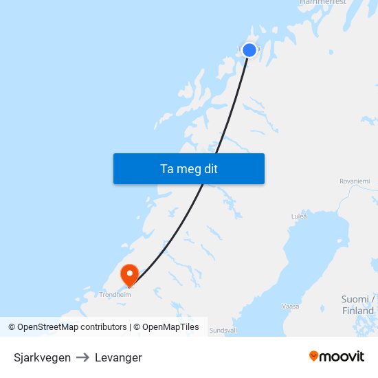 Sjarkvegen to Levanger map