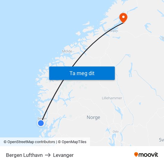 Bergen Lufthavn to Levanger map
