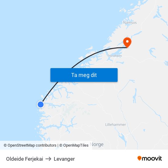 Oldeide Ferjekai to Levanger map