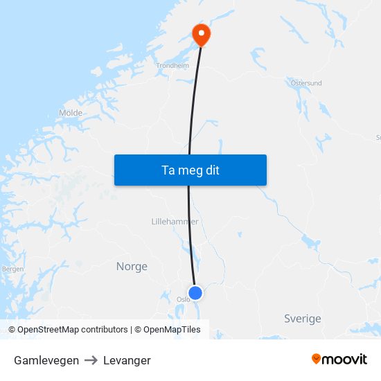 Gamlevegen to Levanger map