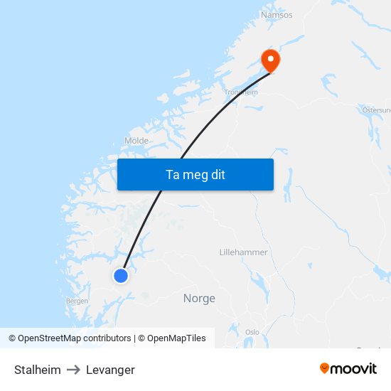 Stalheim to Levanger map