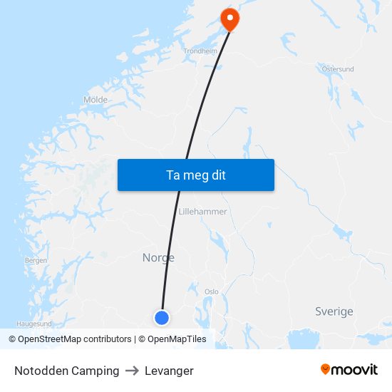 Notodden Camping to Levanger map