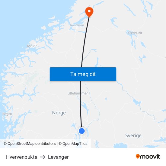 Hvervenbukta to Levanger map