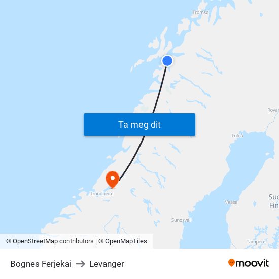 Bognes Ferjekai to Levanger map