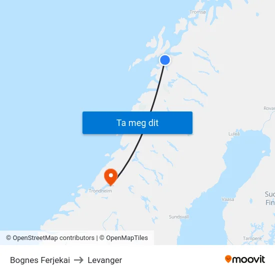 Bognes Ferjekai to Levanger map