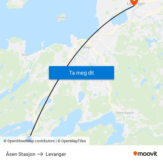 Åsen Stasjon to Levanger map