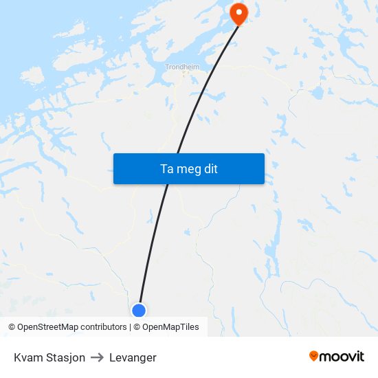 Kvam Stasjon to Levanger map