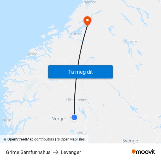 Grime Samfunnshus to Levanger map