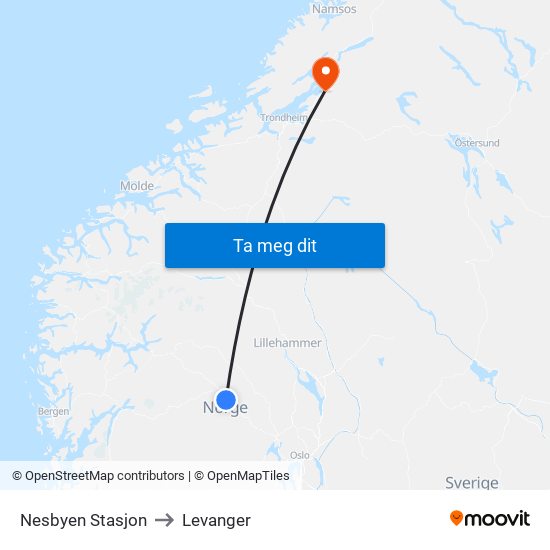 Nesbyen Stasjon to Levanger map