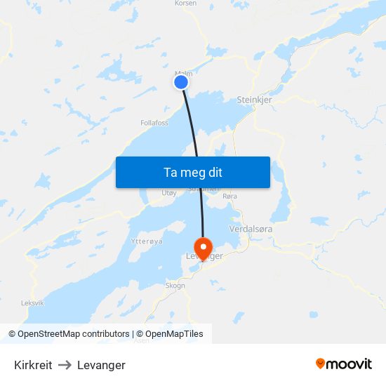 Kirkreit to Levanger map