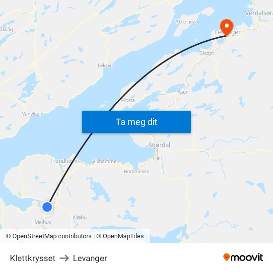 Klettkrysset to Levanger map