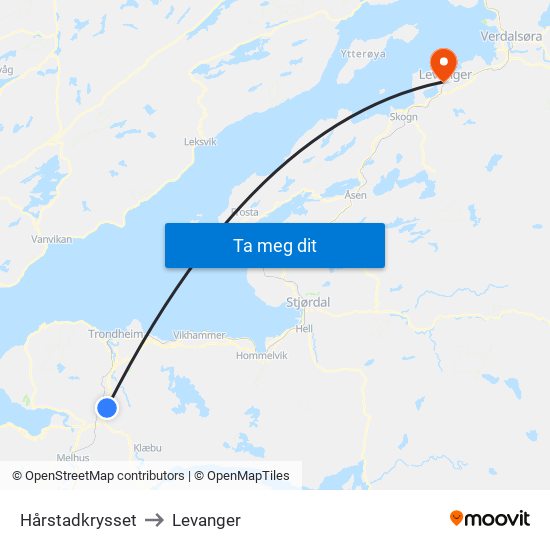 Hårstadkrysset to Levanger map