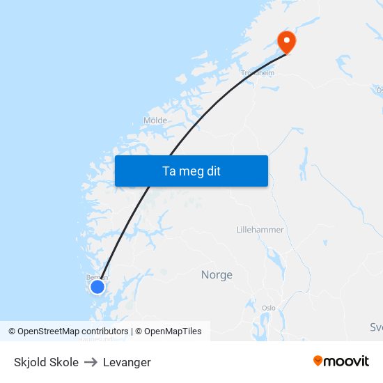 Skjold Skole to Levanger map