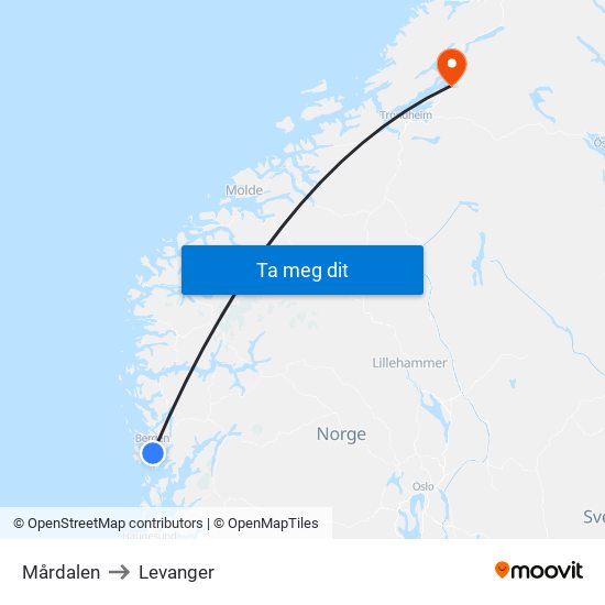 Mårdalen to Levanger map