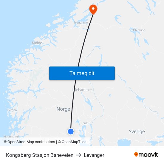Kongsberg Stasjon Baneveien to Levanger map