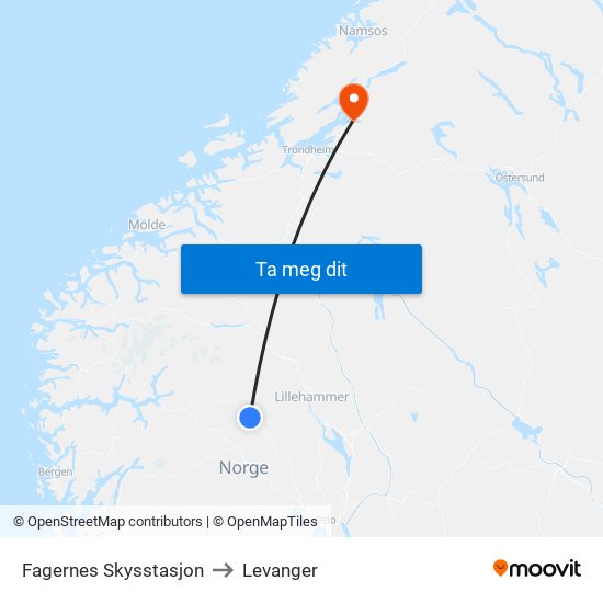 Fagernes Skysstasjon to Levanger map