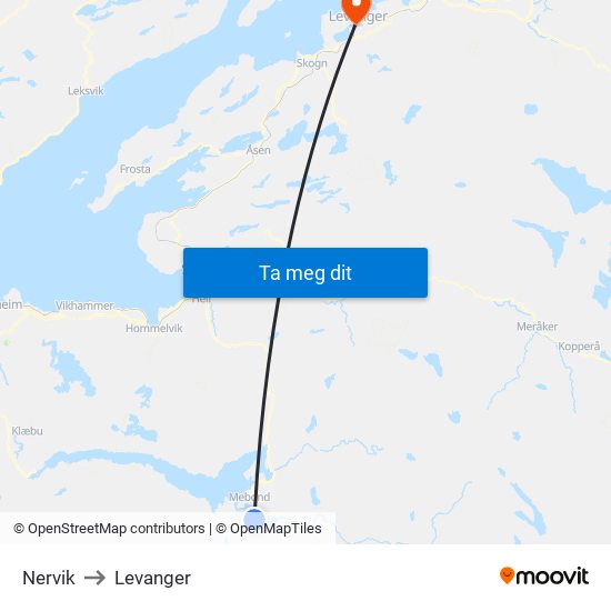 Nervik to Levanger map