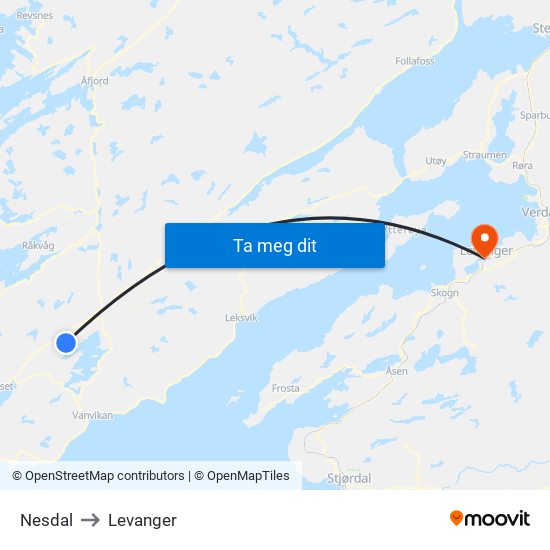 Nesdal to Levanger map