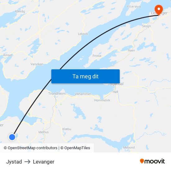 Jystad to Levanger map