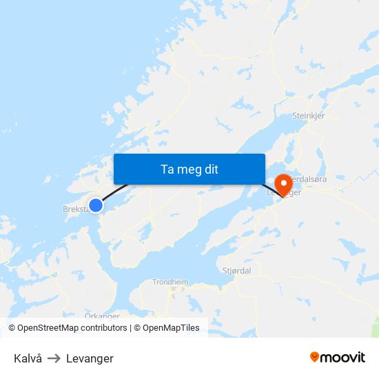 Kalvå to Levanger map