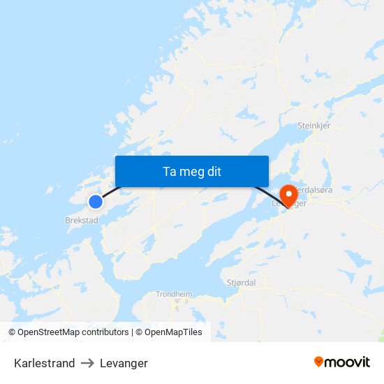Karlestrand to Levanger map