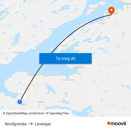 Nordgrenda to Levanger map