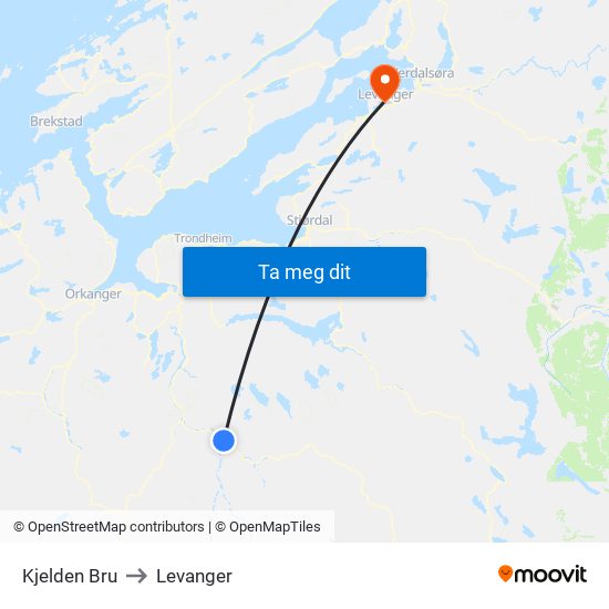 Kjelden Bru to Levanger map
