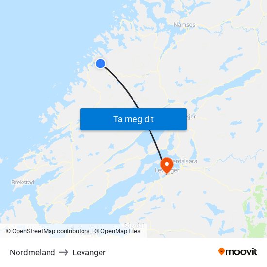 Nordmeland to Levanger map