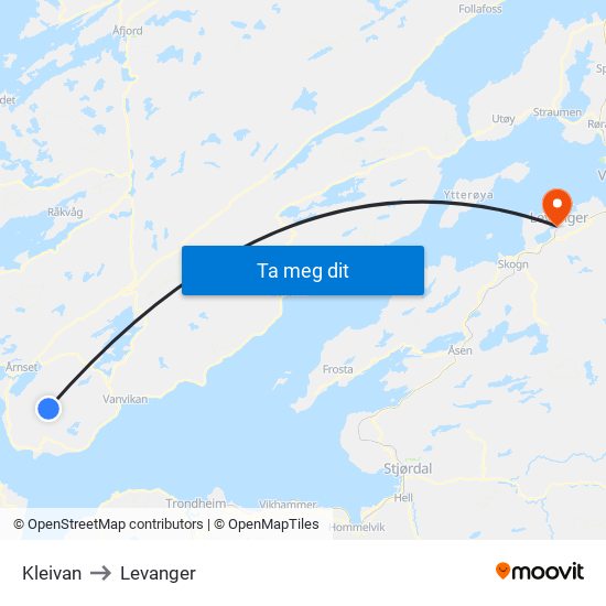 Kleivan to Levanger map