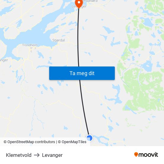 Klemetvold to Levanger map