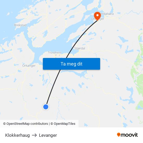 Klokkerhaug to Levanger map