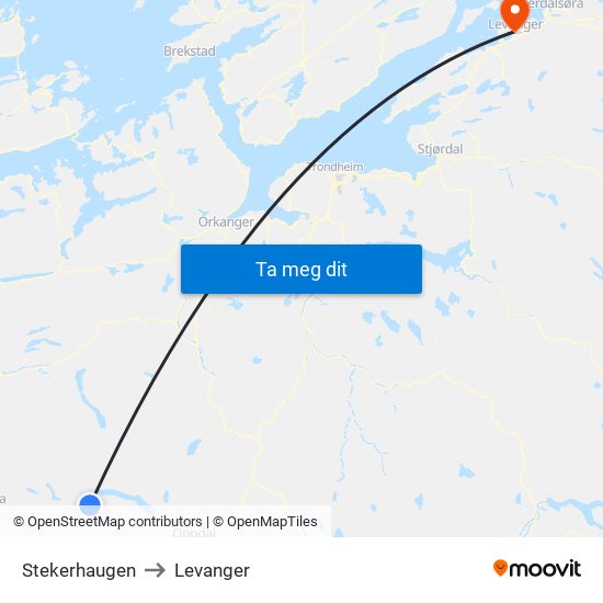 Stekerhaugen to Levanger map