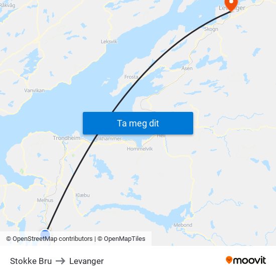 Stokke Bru to Levanger map