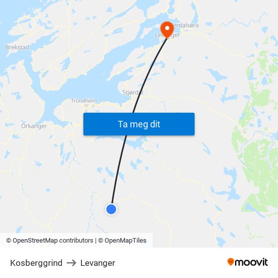 Kosberggrind to Levanger map