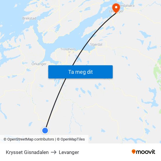 Krysset Gisnadalen to Levanger map