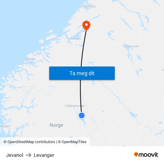 Jevanol to Levanger map