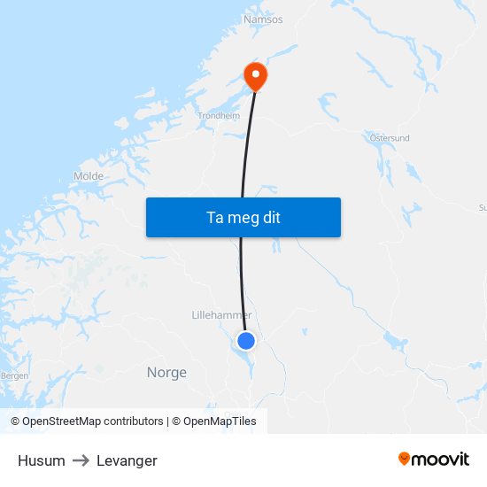Husum to Levanger map