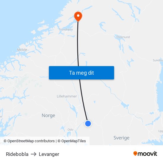 Ridebobla to Levanger map