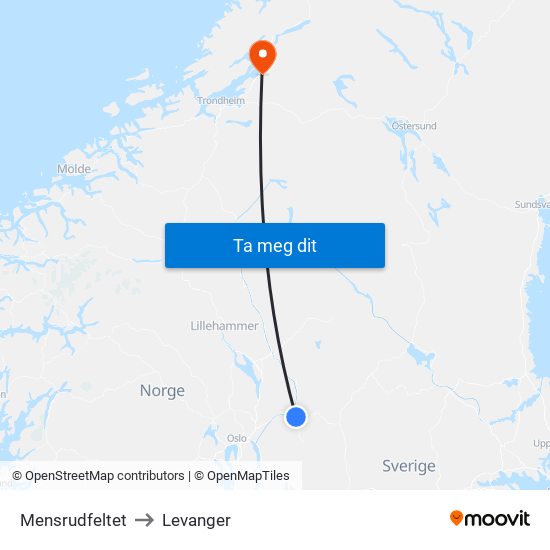 Mensrudfeltet to Levanger map