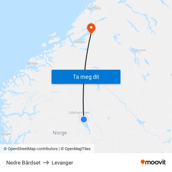 Nedre Bårdset to Levanger map
