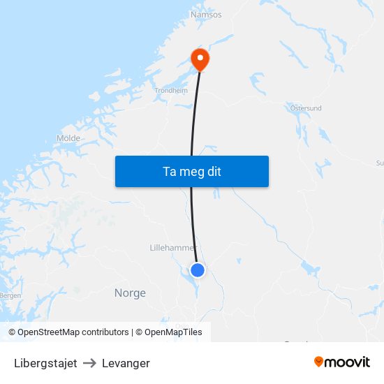 Libergstajet to Levanger map