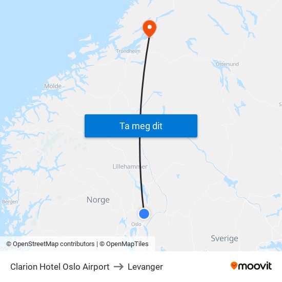 Clarion Hotel Oslo Airport to Levanger map