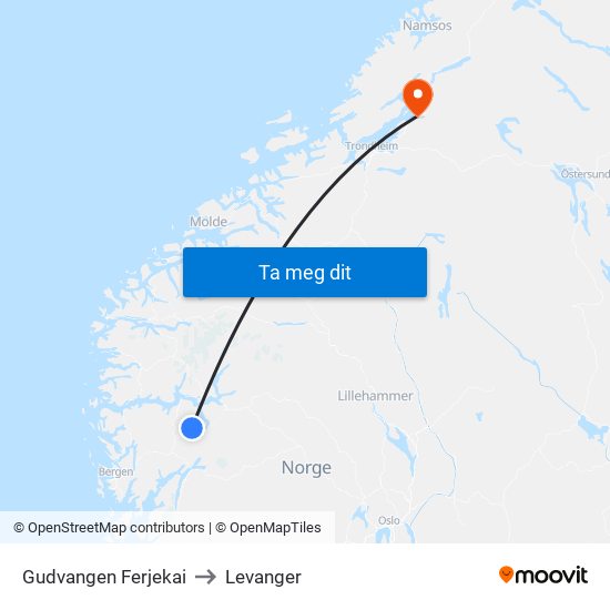Gudvangen Ferjekai to Levanger map