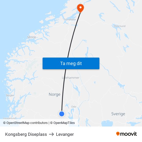 Kongsberg Diseplass to Levanger map