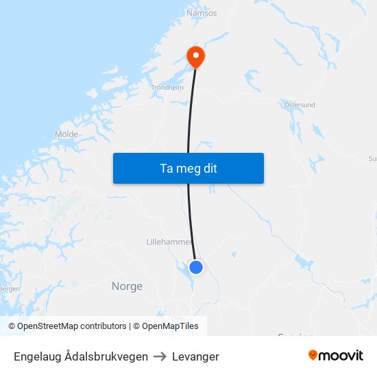 Engelaug Ådalsbrukvegen to Levanger map