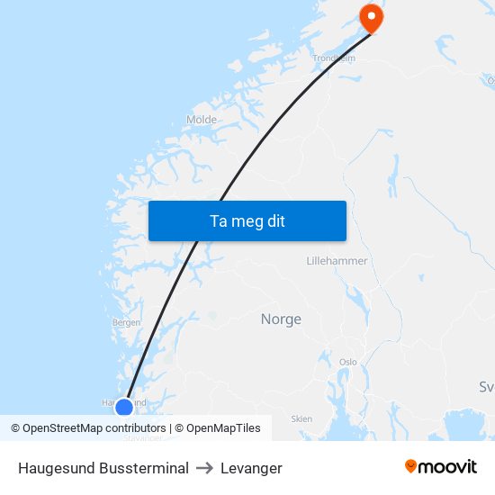 Haugesund Bussterminal to Levanger map