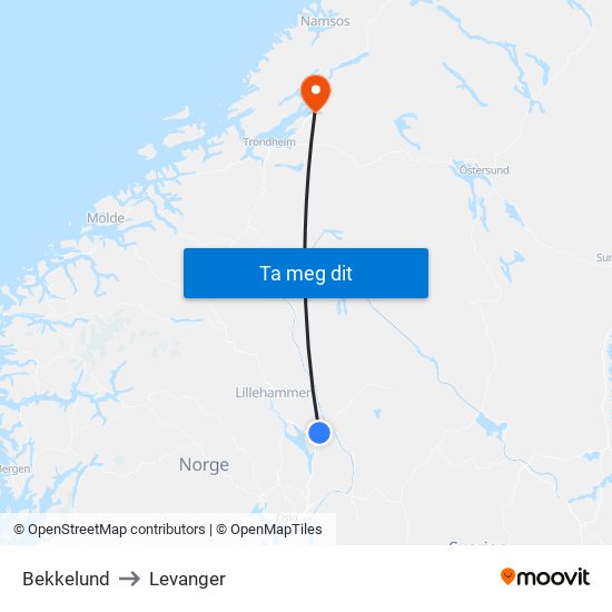 Bekkelund to Levanger map