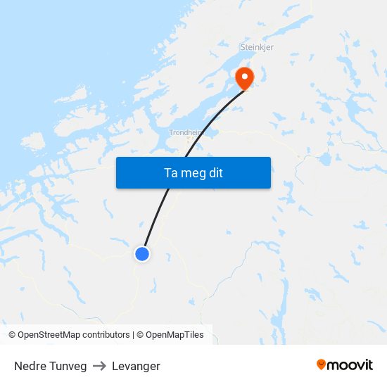 Nedre Tunveg to Levanger map