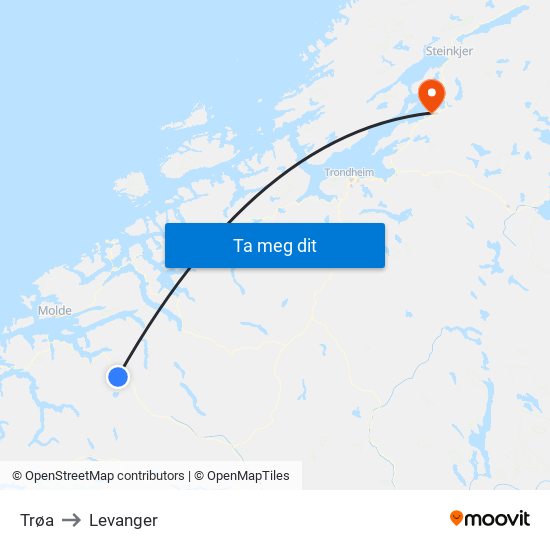 Trøa to Levanger map